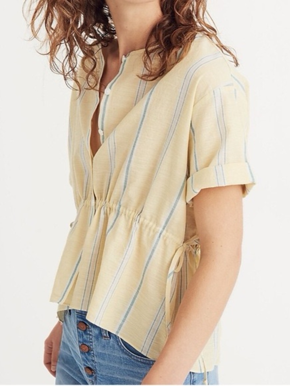 Madewell Yellow Stripe Peplum Tie Waist Cotton Blouse Cottagecore Top S Coastal